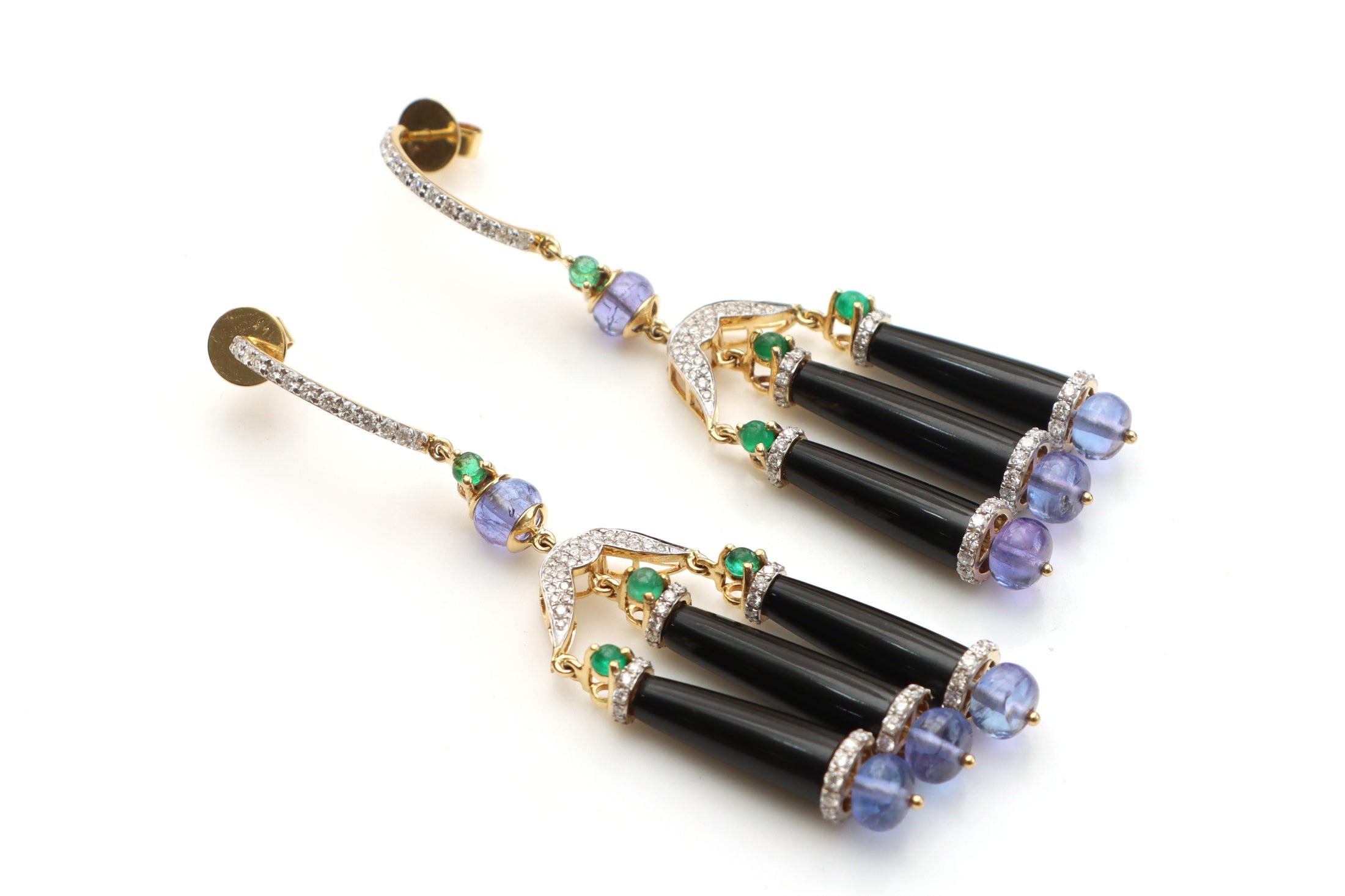 Natural Emerald Round and Tanzanite Smooth Beads 14K gold earrings front view - NFJSD-1130