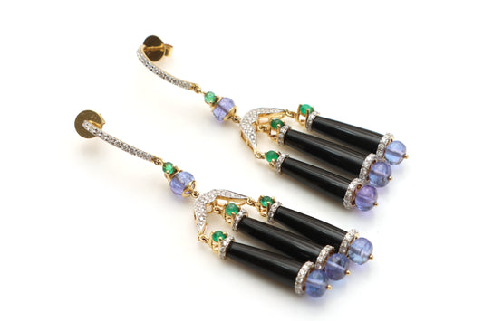 Natural Emerald Round and Tanzanite Smooth Beads 14K gold earrings front view - NFJSD-1130