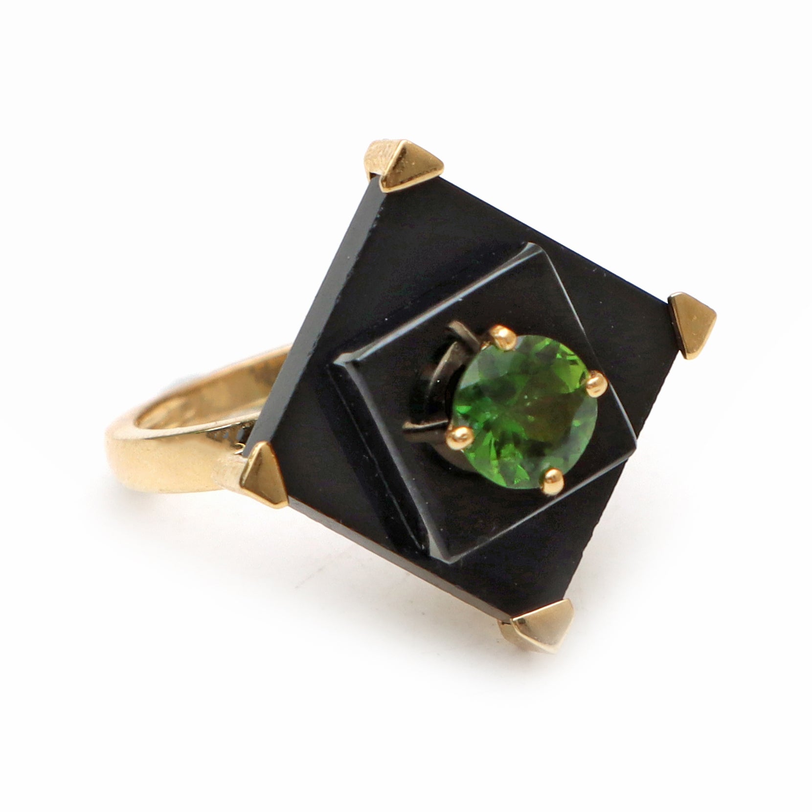 Natural Black Onyx Square Flat and Green Tourmaline 18K gold ring front view - NFJSD-1396