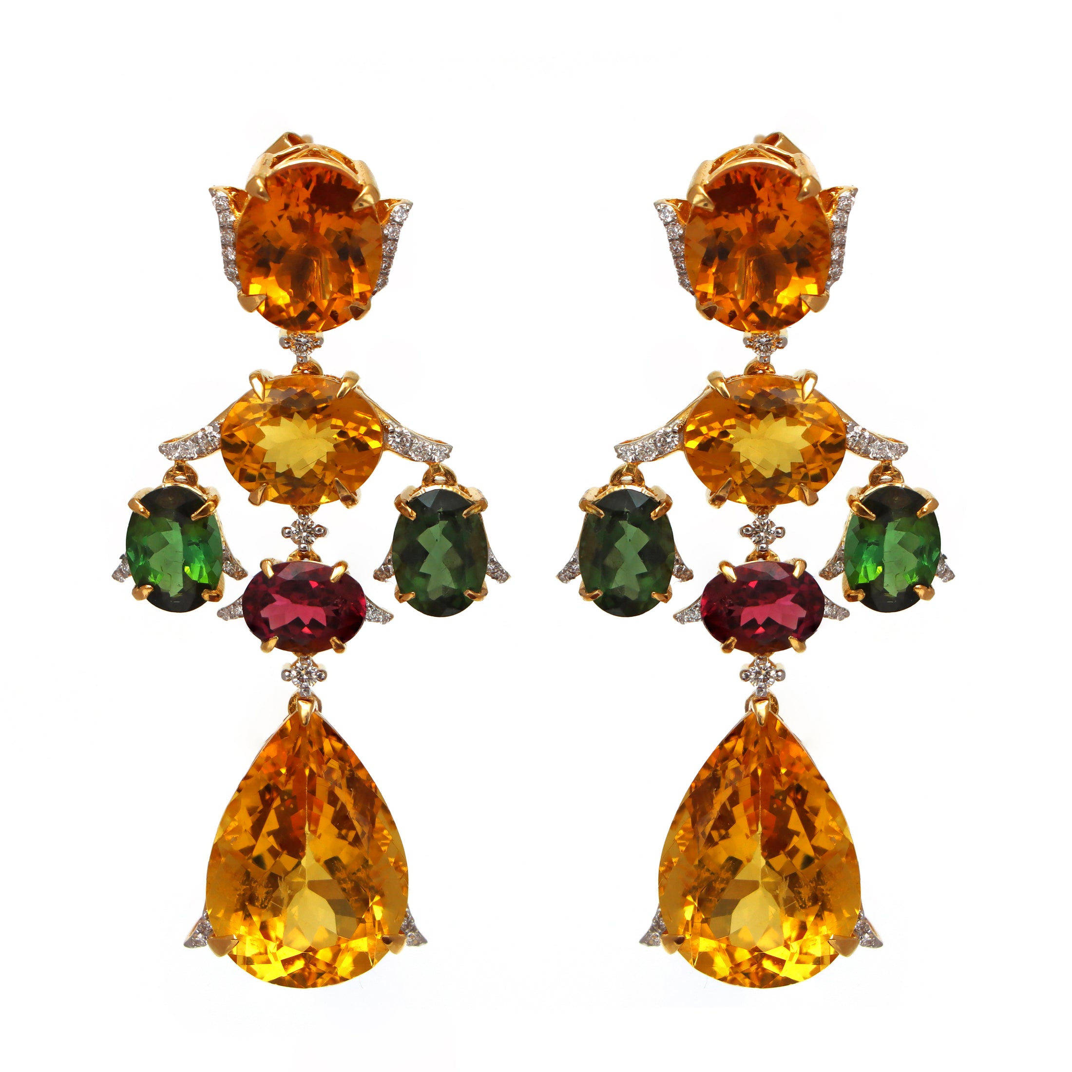 Natural Tourmaline and Yellow Aqua 18K gold earrings back view - NFJSD-1598
