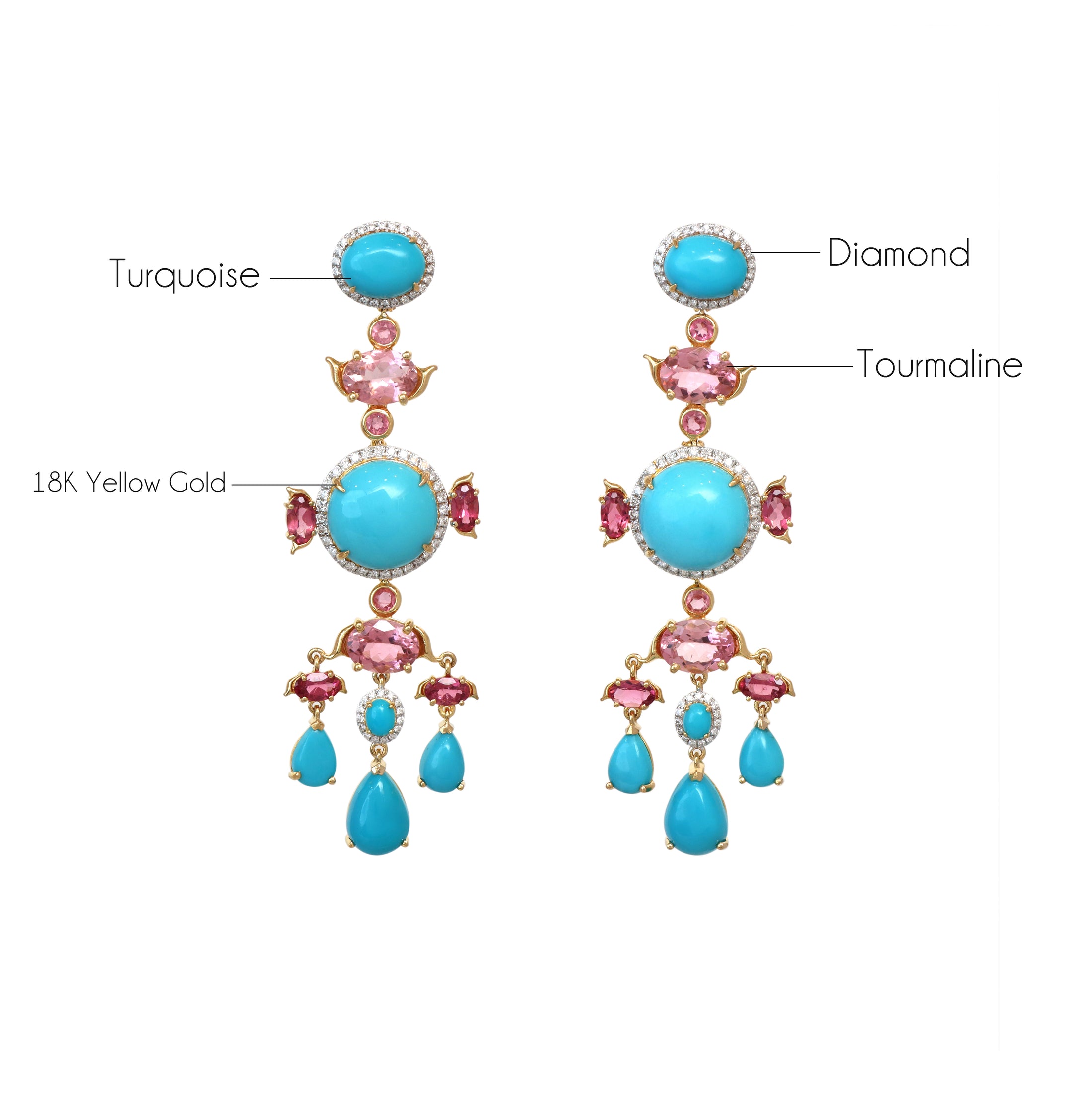 Natural Turquoise and Tourmaline 18K gold earrings side angle - NFJSD-1806