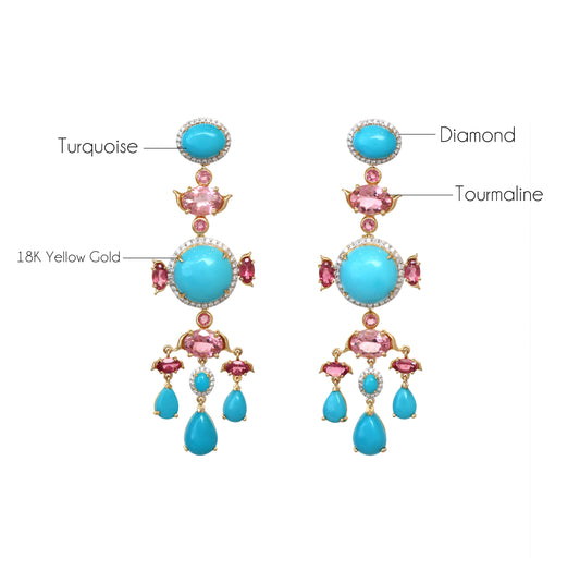 Natural Turquoise and Tourmaline 18K gold earrings side angle - NFJSD-1806