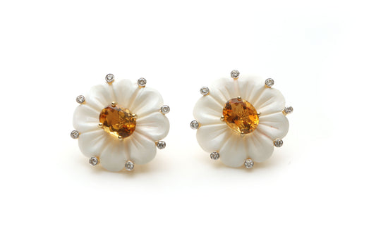 Natural Citrine Oval Cut and White Agate Carving Flower 14K gold earrings front view - NFJSD-1139