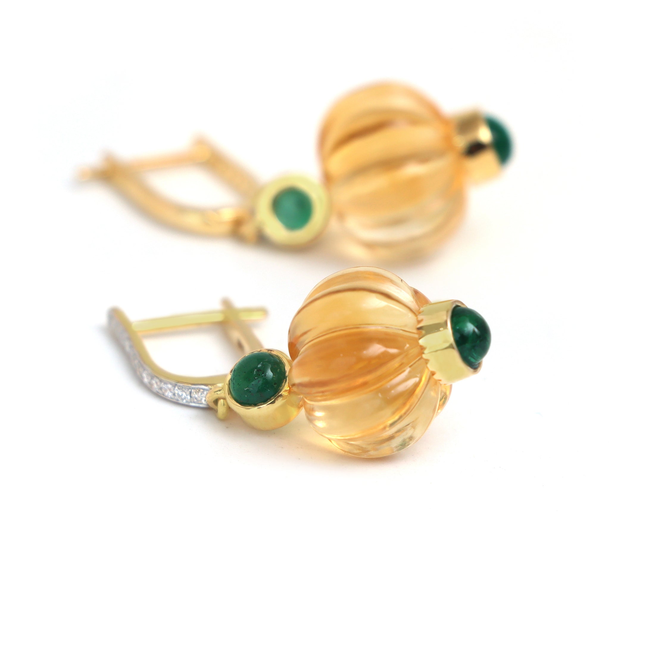 Natural Citrine and Emerald 14K gold earrings close-up detail - NFJSD-1831