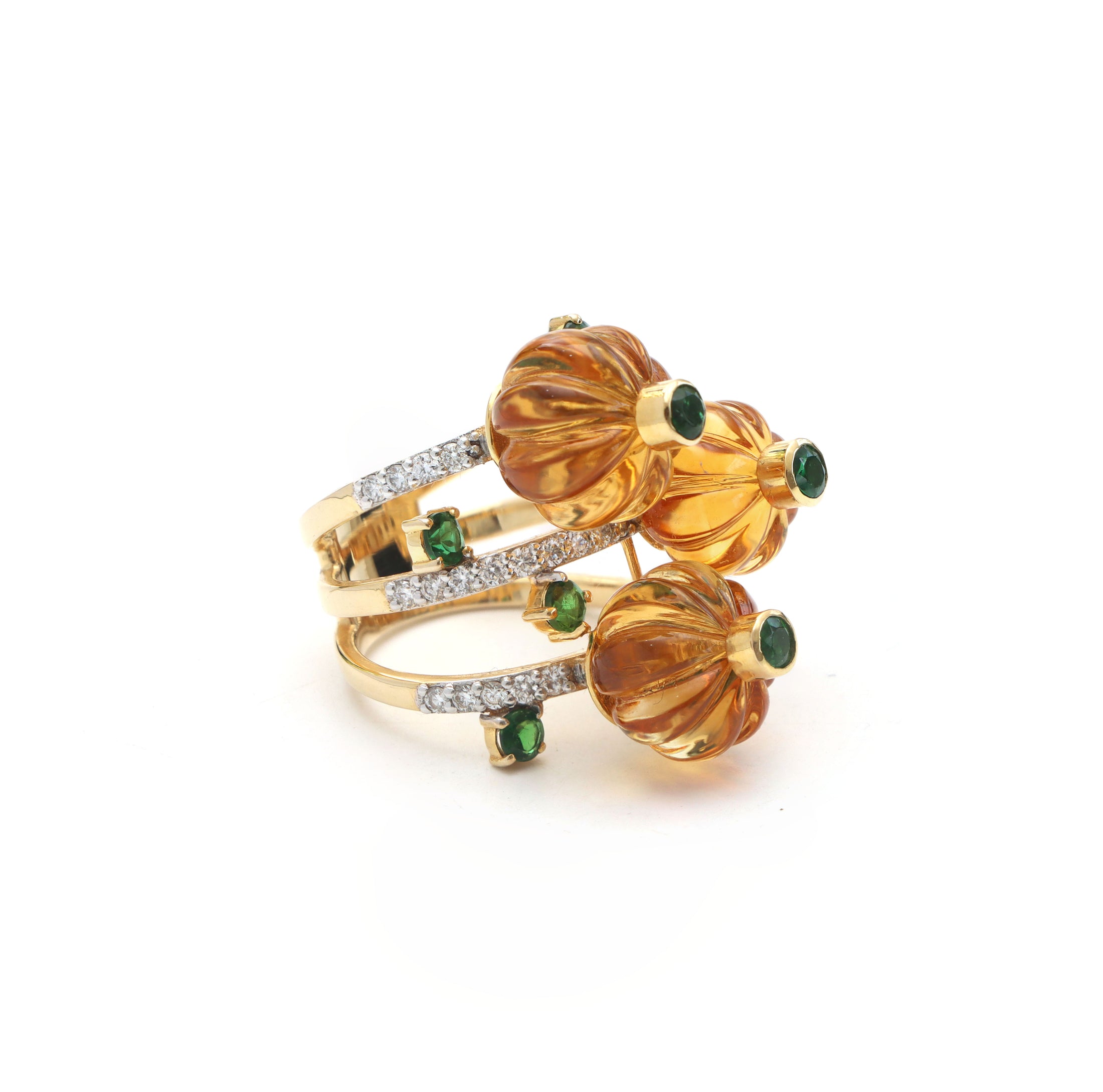 Natural Citrine CArving Balls and Green Tourmaline 14K gold ring top view - NFJSD-1034