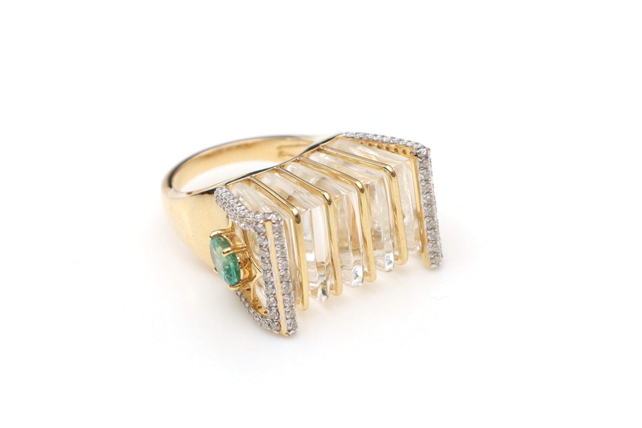 Natural Crystal Carving and Emerald Oval Cut 14K gold ring front view - NFJSD-1144