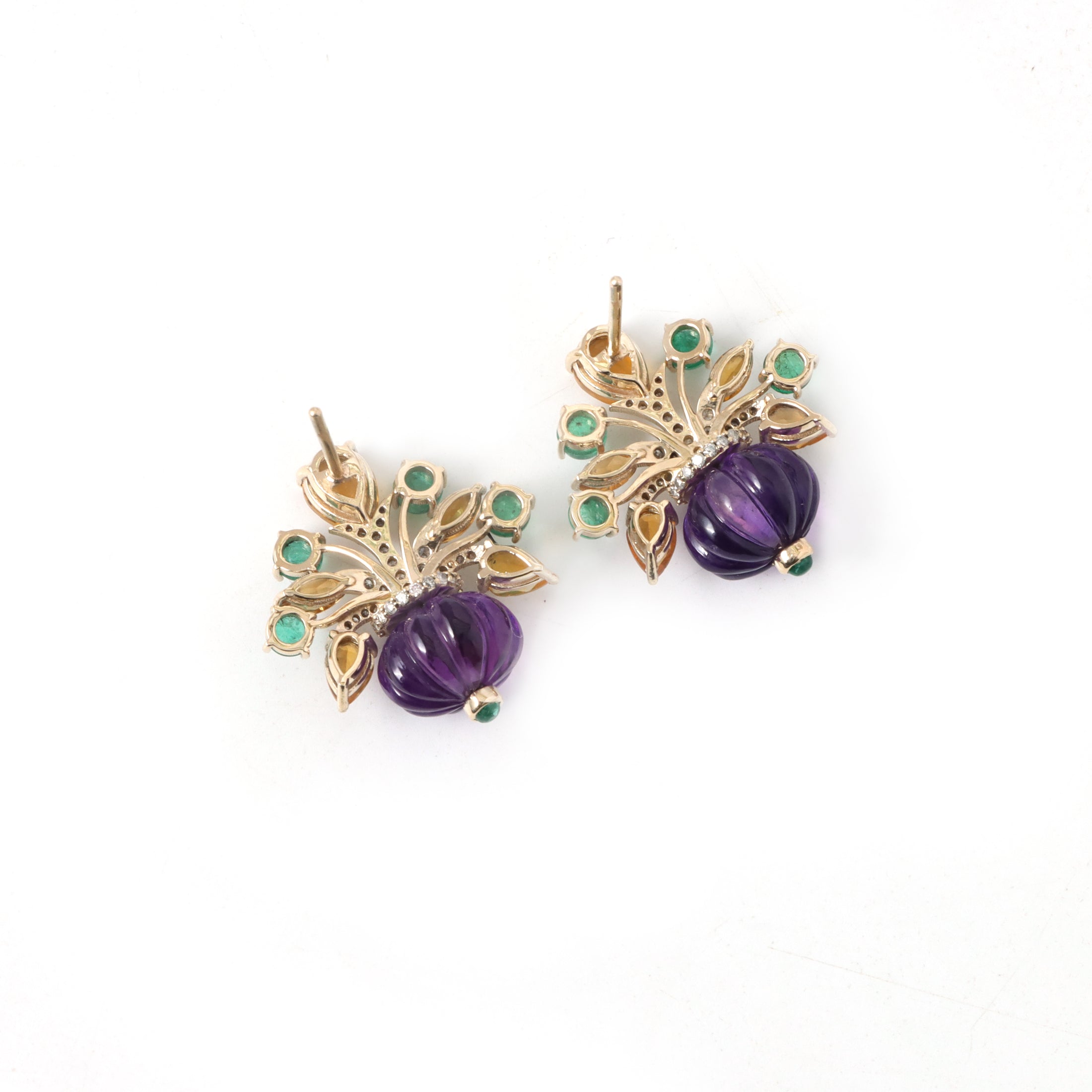 Natural Emerald and Tourmaline 14K gold earrings top view - NFJSD-1856