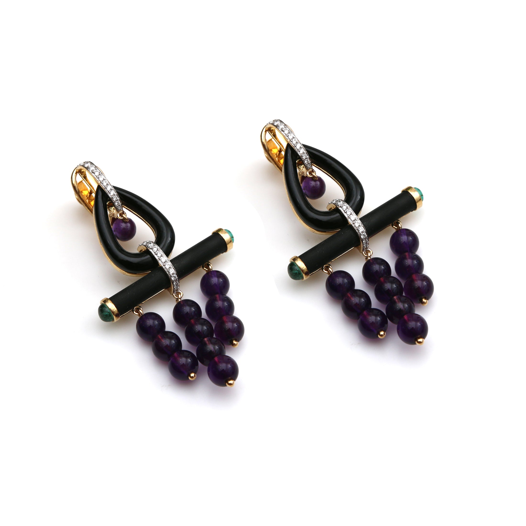 Natural Amethyst and Black Onyx 18K gold earrings front view - NFJSD-1639