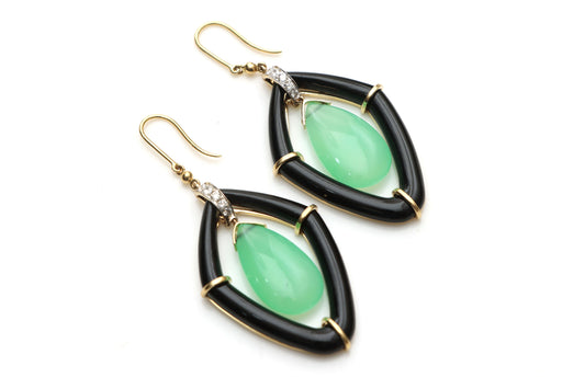 Natural Black onyx Frame and Chrysoprase Smooth Pear 14K gold earrings front view - NFJSD-1147