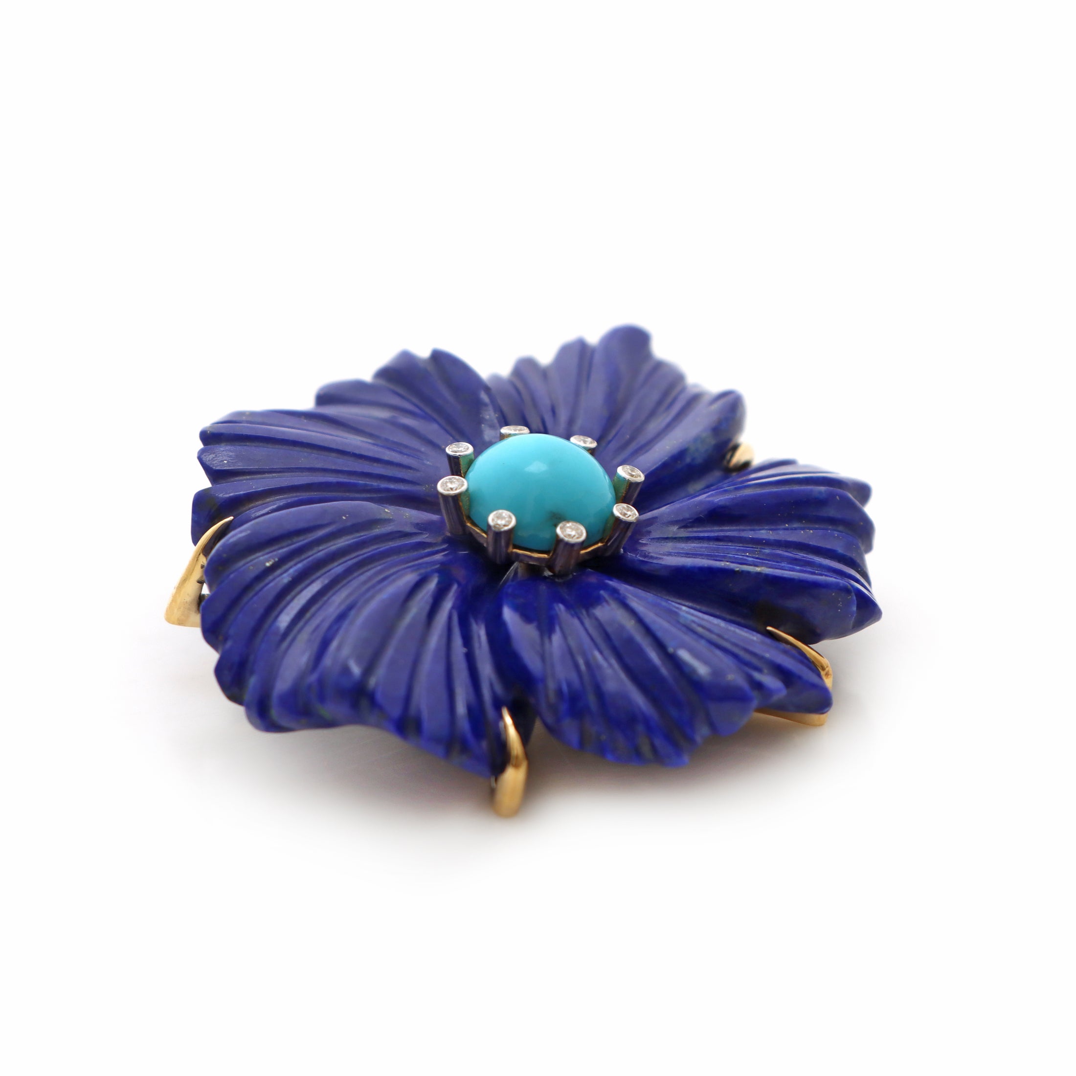 Natural Turquoise Round Cab and Lapis Carving Flower 14K gold pendant back view - NFJSD-1310