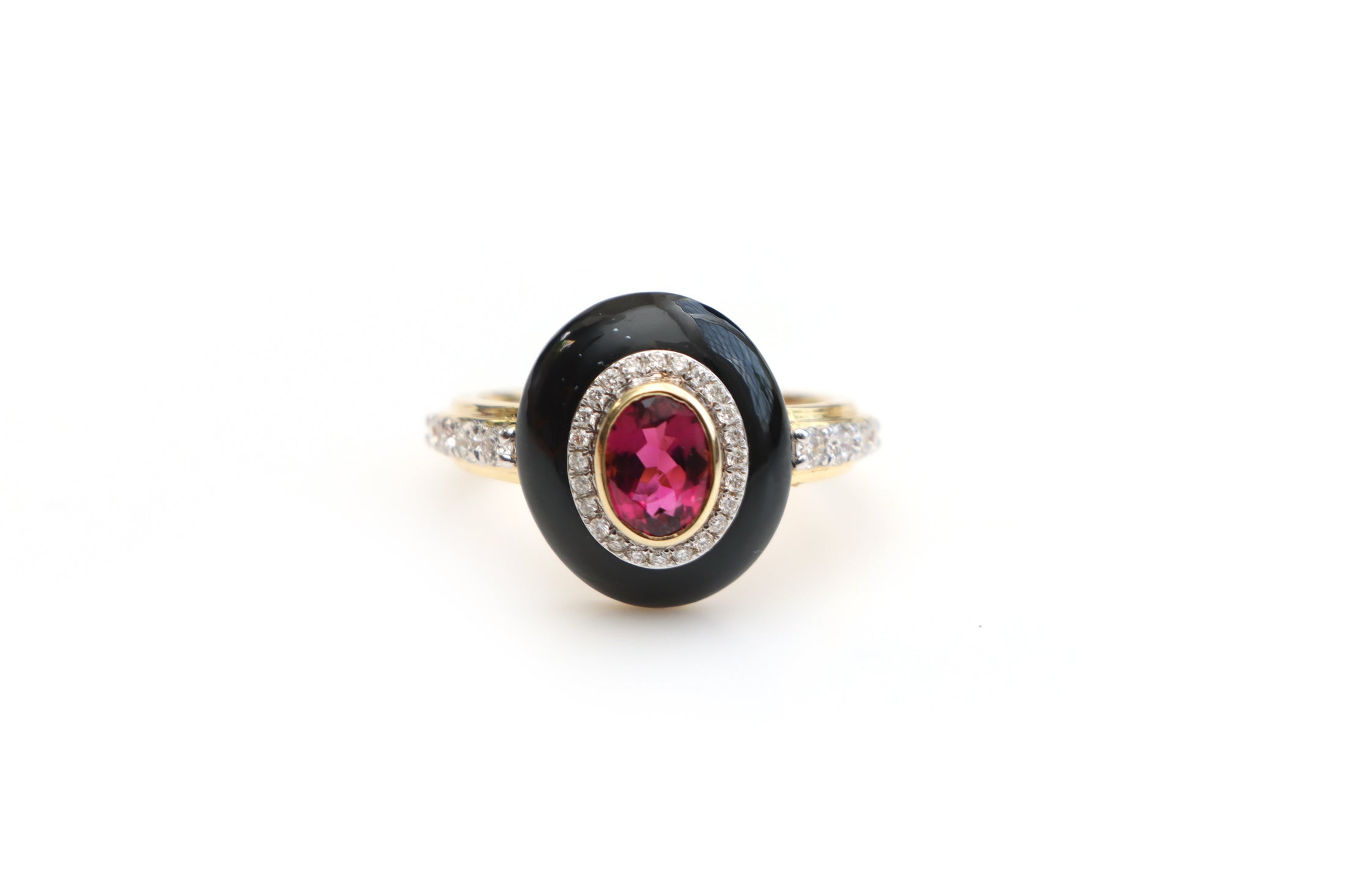 Natural Tourmaline Oval Cut and Black Onyx Frame 14K gold ring front view - NFJSD-1113
