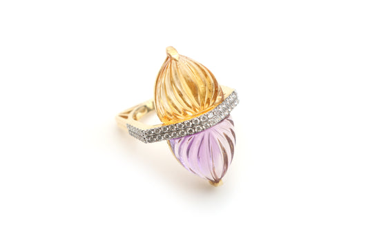Natural Citrine Carving and Amethyst Carving 14K gold ring front view - NFJSD-1087