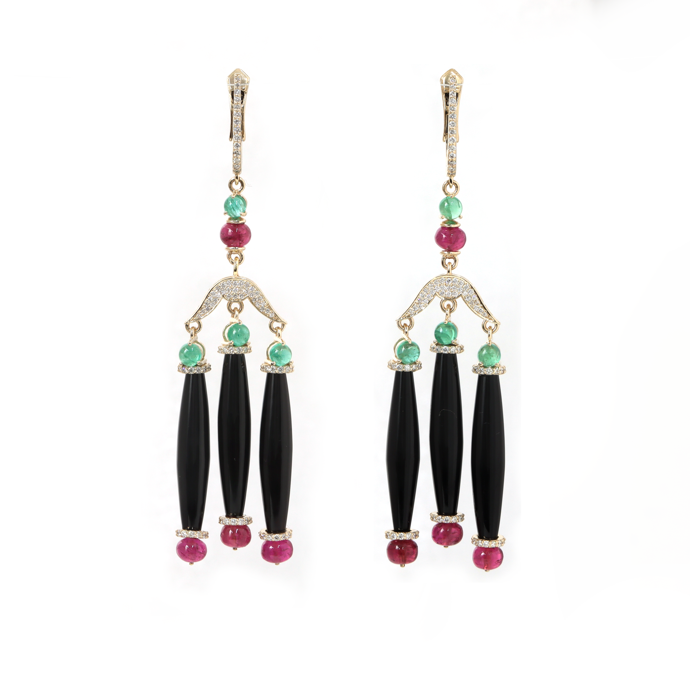 Natural Black Onyx and Tourmaline 14K gold earrings back view - NFJSD-1938