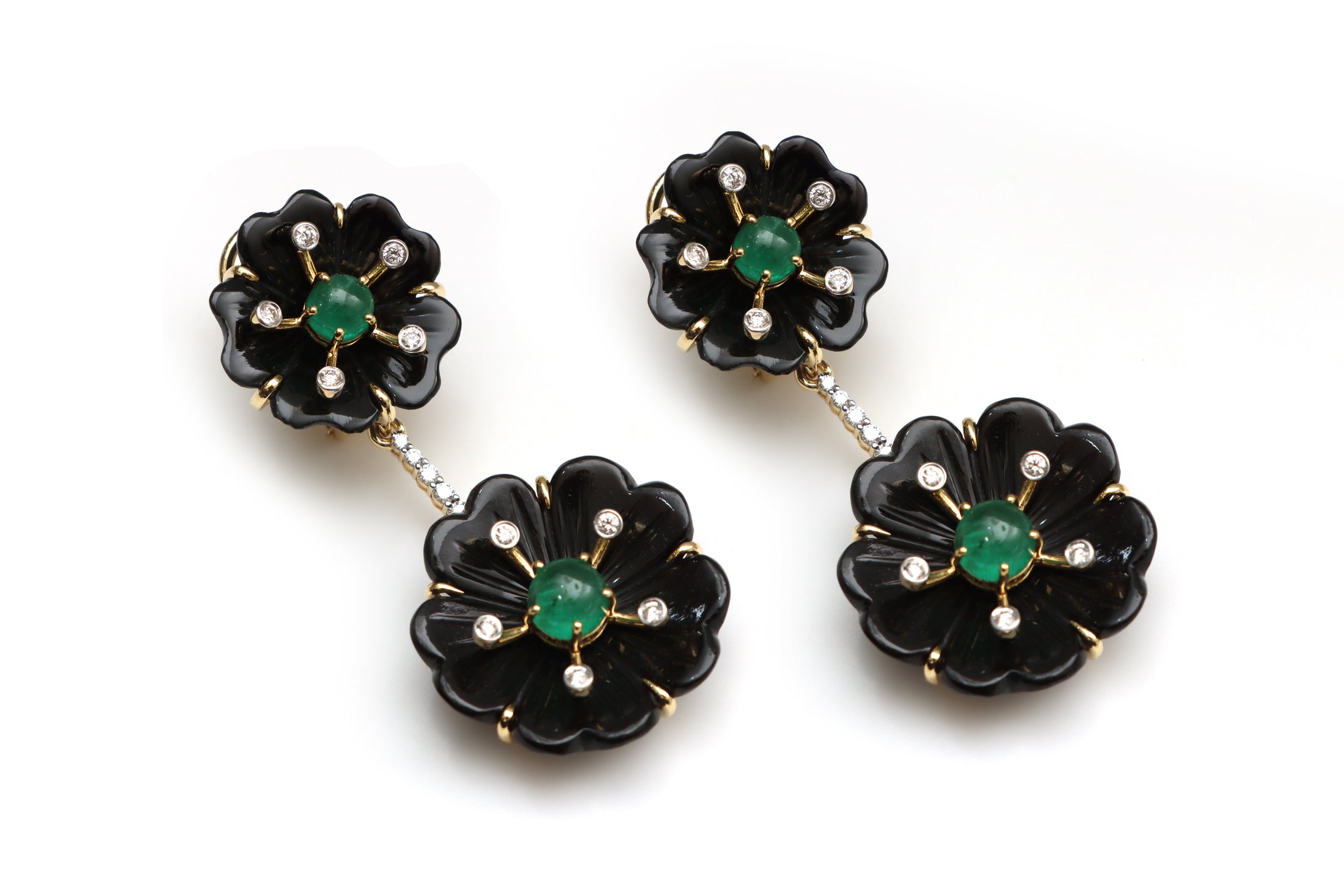 Natural Emerald Round Cabs and Black onyx carving flower 14K gold earrings front view - NFJSD-1258