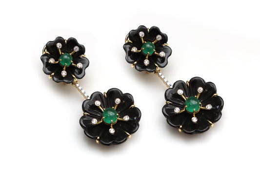 Natural Emerald Round Cabs and Black onyx carving flower 14K gold earrings front view - NFJSD-1258