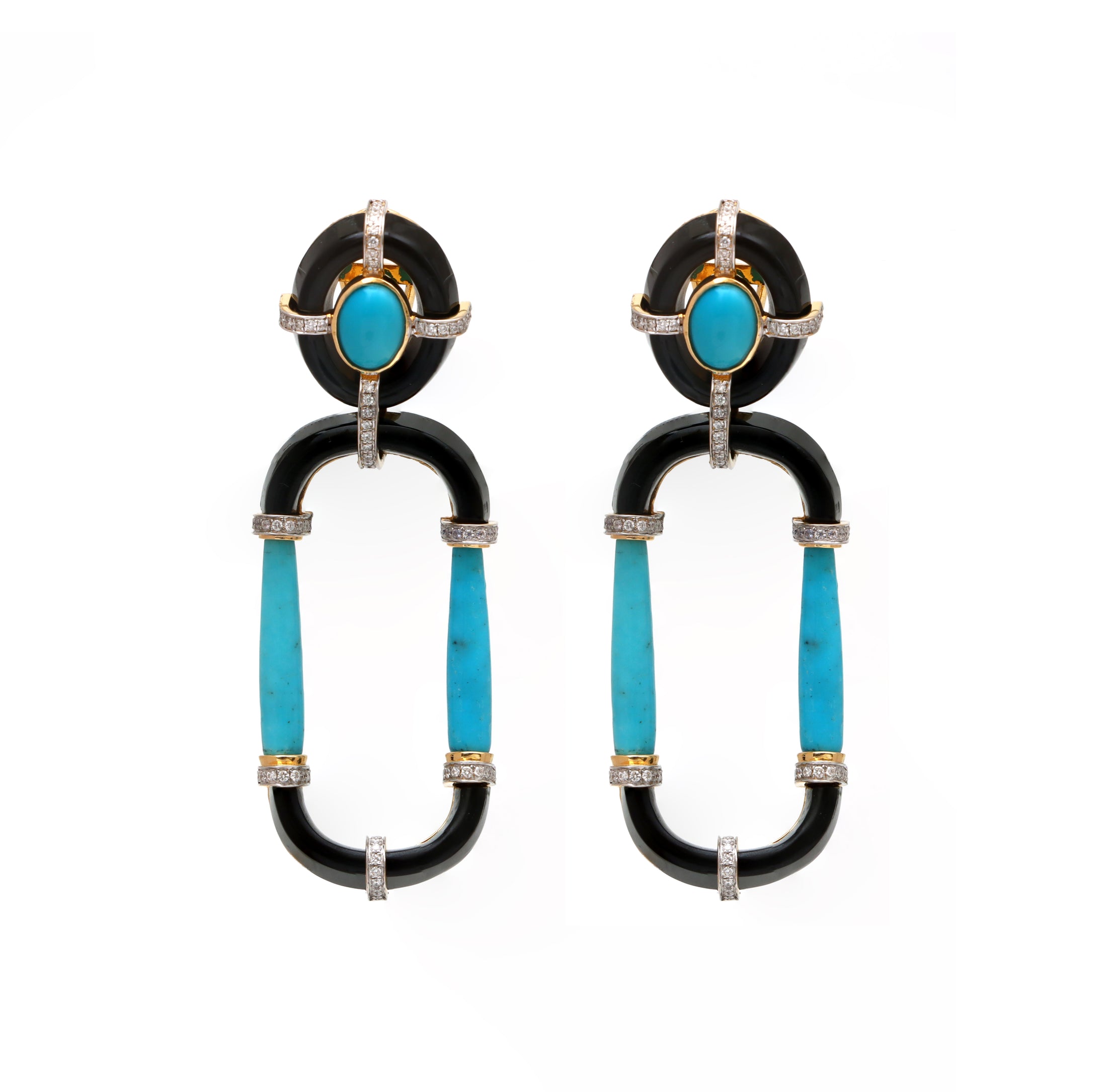 Natural Black Onyx and Turquoise 18K gold earrings back view - NFJSD-1762