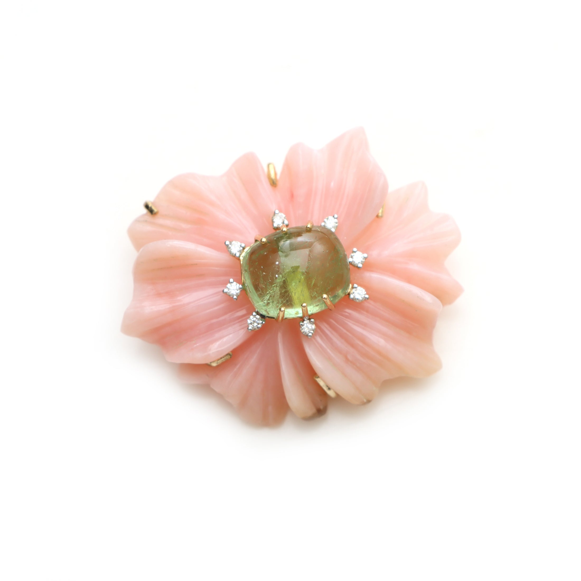 Natural Tourmaline Cushion Cab and Pink Opal Carving Flower 14K gold pendant side angle - NFJSD-1313
