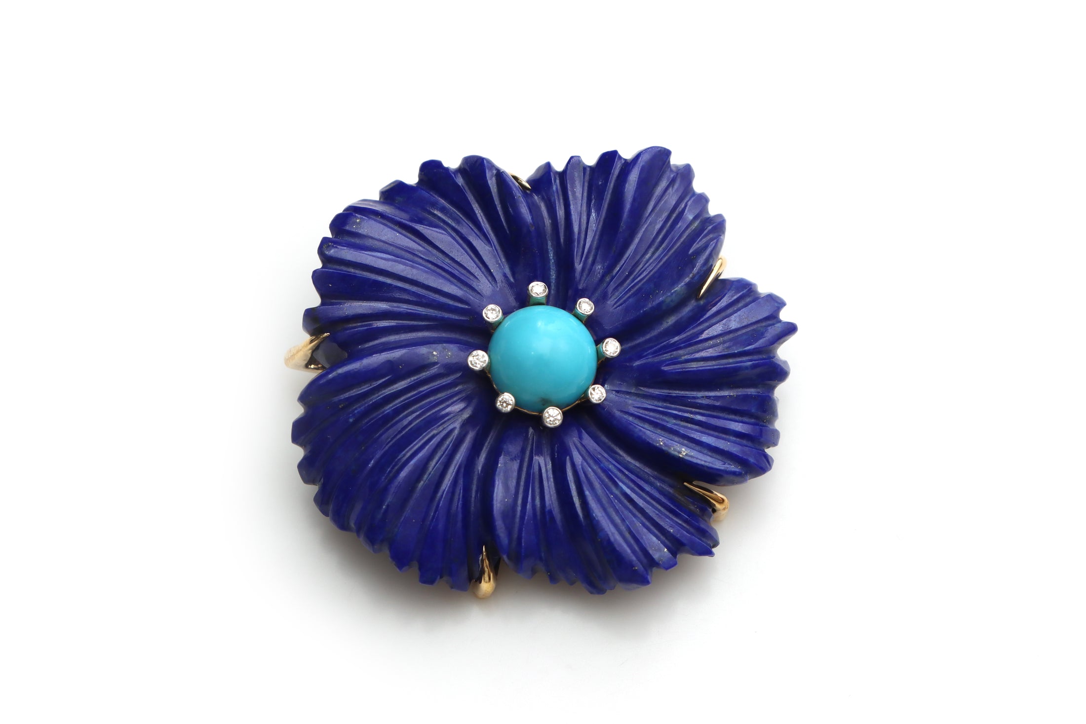 Natural Turquoise Round Cab and Lapis Carving Flower 14K gold pendant front view - NFJSD-1310