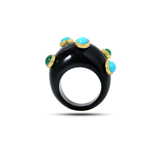 Natural Black Onyx and Turquoise & Emerald 14K gold ring front view - NFJSD-1857