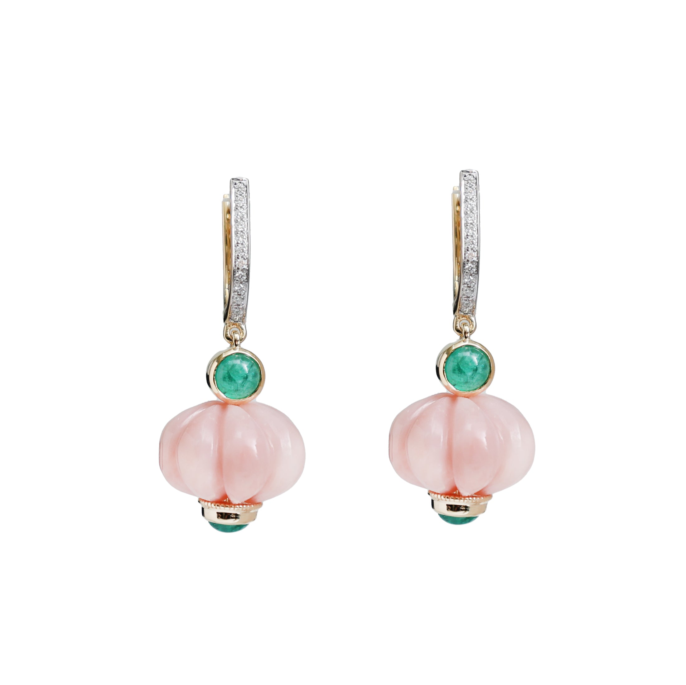 Natural Pink Opal and Emerald 18K gold earrings front view - NFJSD-1781