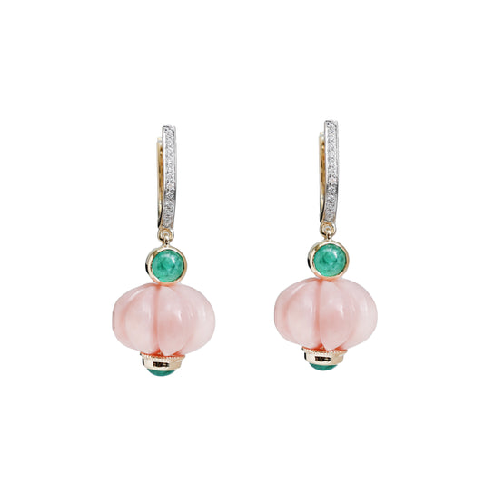 Natural Pink Opal and Emerald 18K gold earrings front view - NFJSD-1781