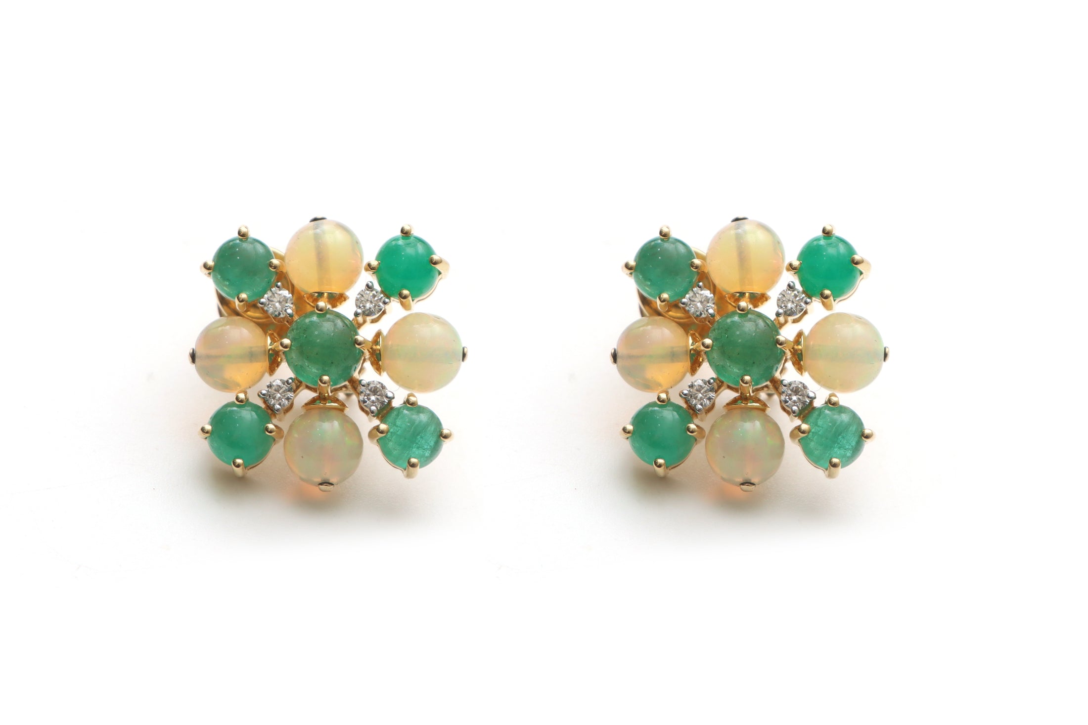 Natural Emerald Smooth Balls and Ethiopian Opal Smooth Balls 14K gold earrings front view - NFJSD-1107