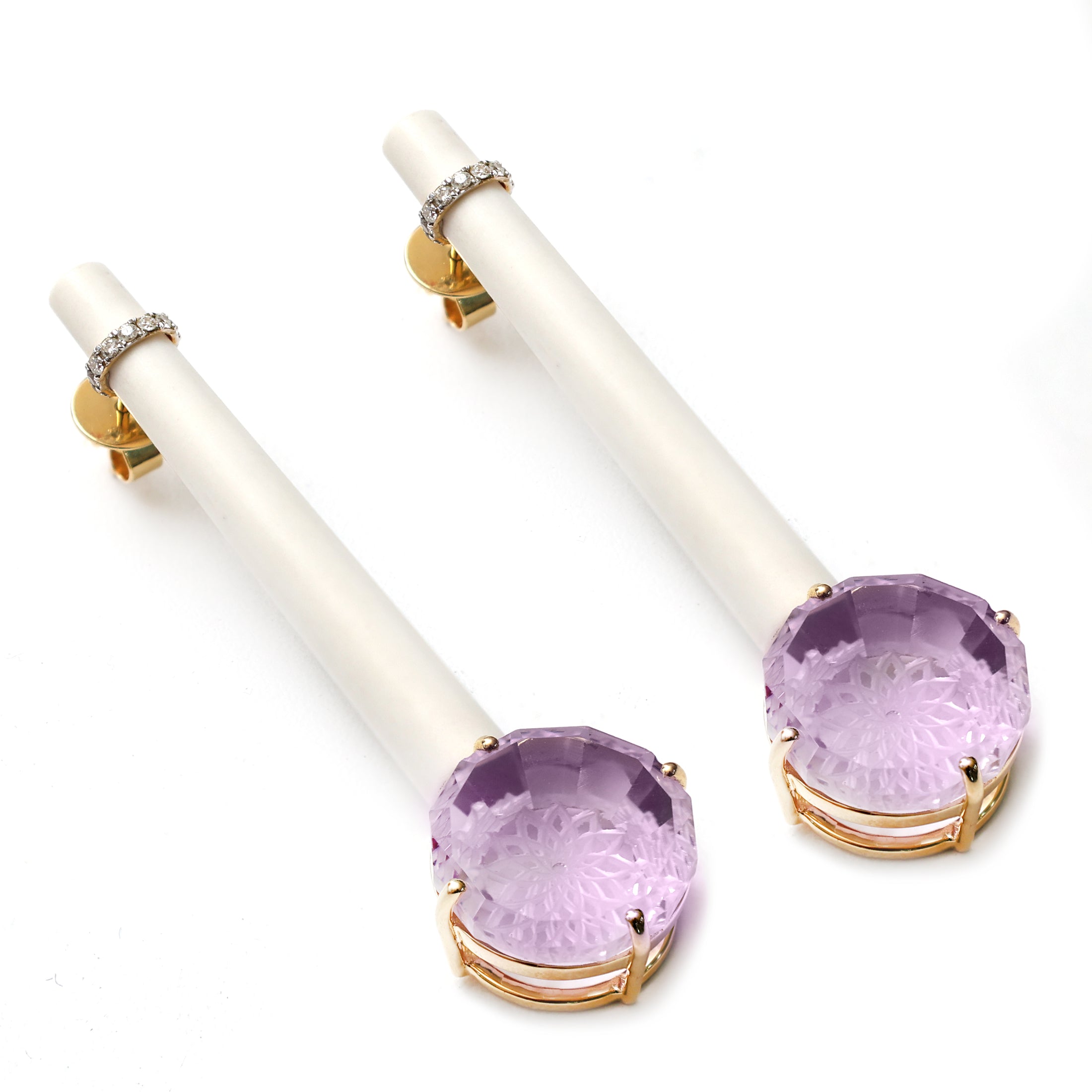 Natural White Agate and Lavender 14K gold earrings front view - NFJSD-1374