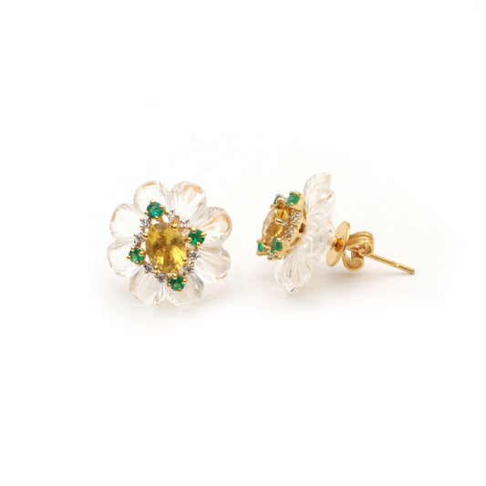 Natural Crystal Carving Flower and Yellow Aquamarine Oval Cut 14K gold earrings front view - NFJSD-1017