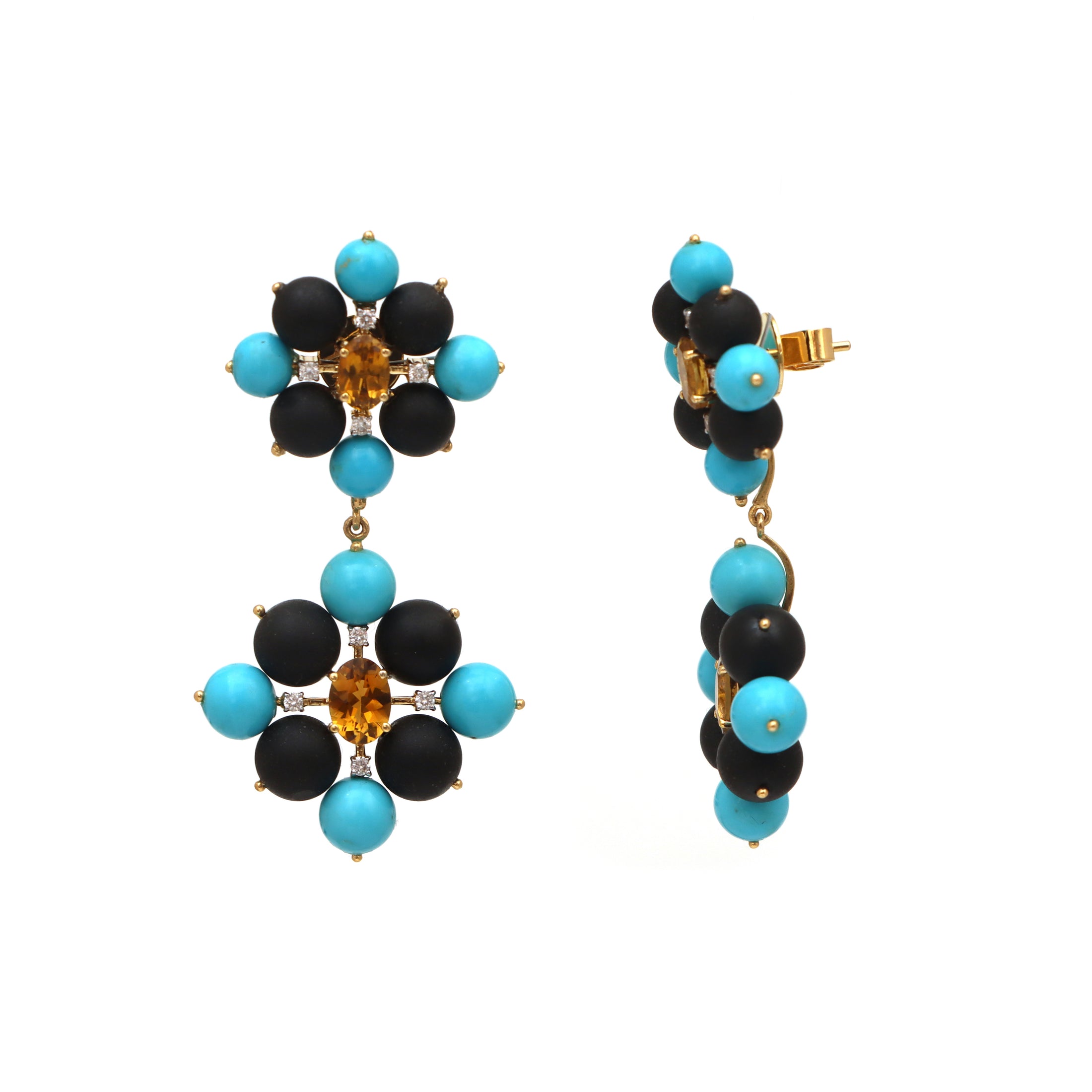 Natural Black Onyx and Turquoise 18K gold earrings side angle - NFJSD-1542