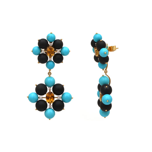 Natural Black Onyx and Turquoise 18K gold earrings side angle - NFJSD-1542