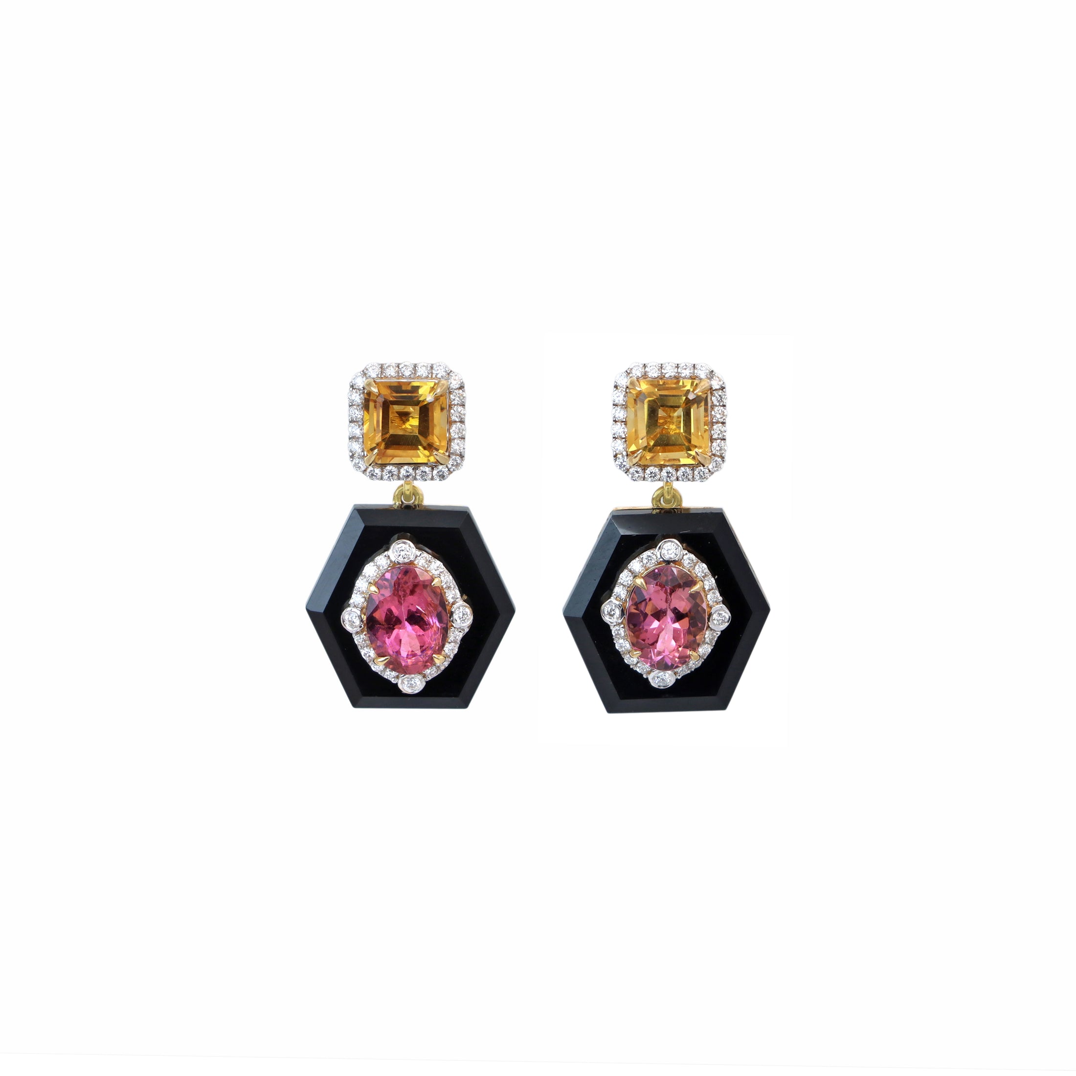 Natural Black Onyx and Citrine 18K gold earrings top view - NFJSD-1796