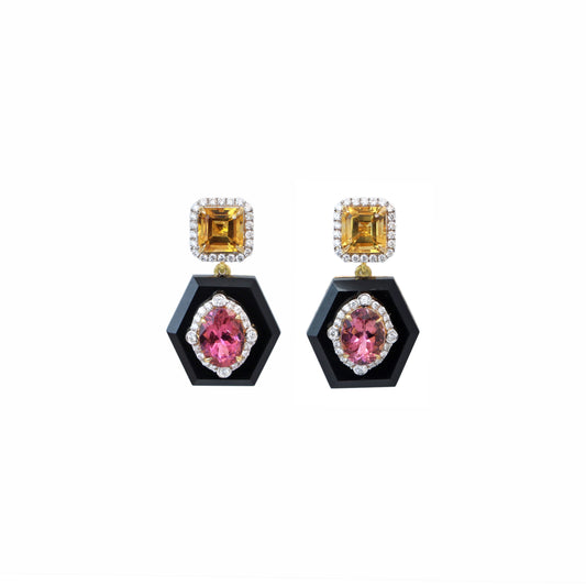 Natural Black Onyx and Citrine 18K gold earrings top view - NFJSD-1796