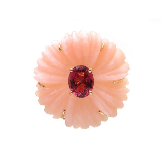 Natural Pink Opal and Tourmaline 14K gold pendant top view - NFJSD-1747