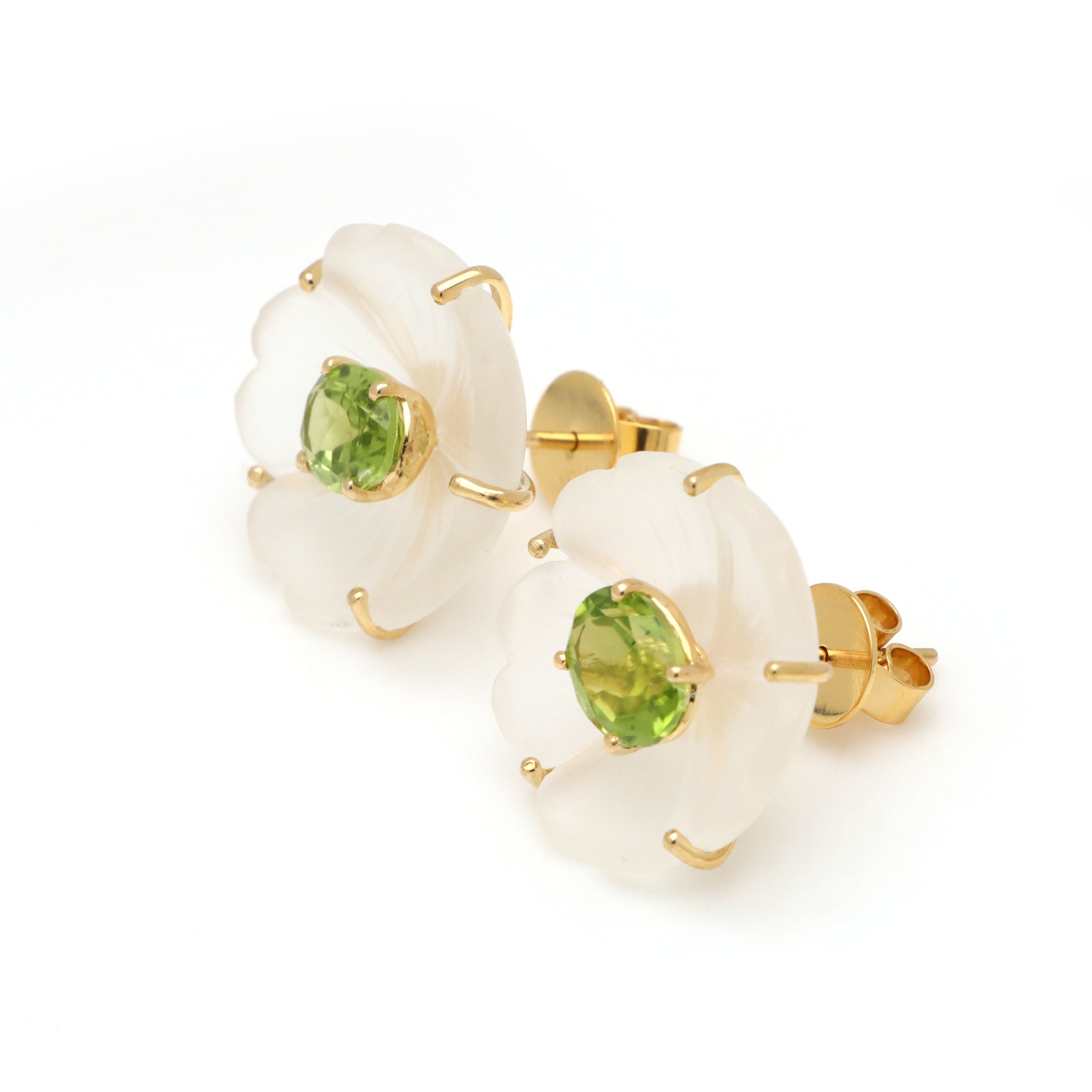 Natural Crystal Carving and Tourmaline 18K gold earrings back view - NFJSD-1695