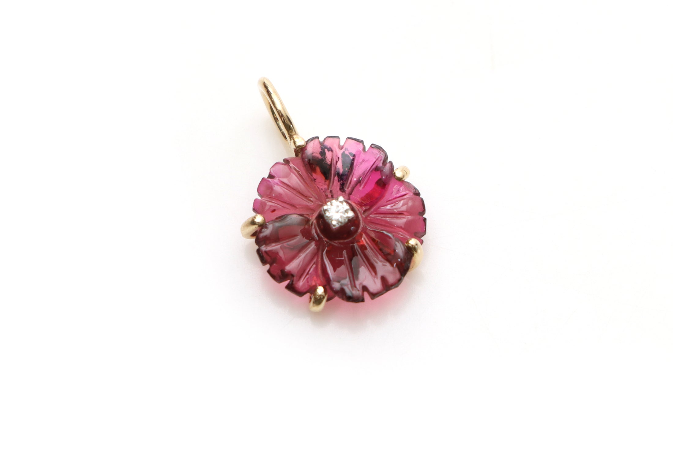Natural Tourmaline Flower Carving 14K gold charm front view - NFJSD-1231
