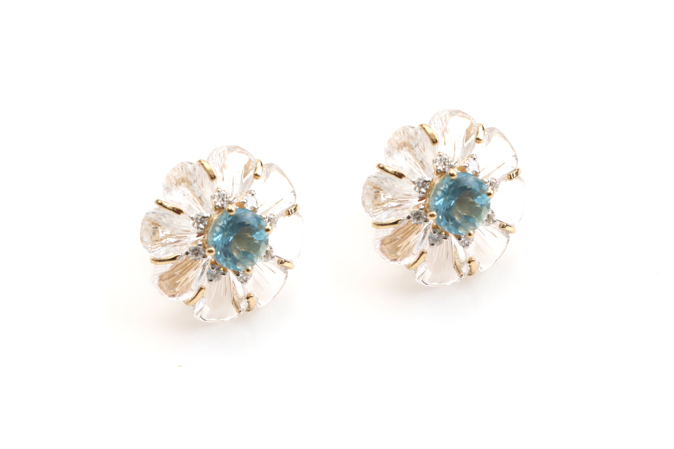 Natural Crystal Flower Carving and Aquamarine Oval Cut 14K gold earrings front view - NFJSD-1079