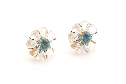 Natural Crystal Flower Carving and Aquamarine Oval Cut 14K gold earrings front view - NFJSD-1079