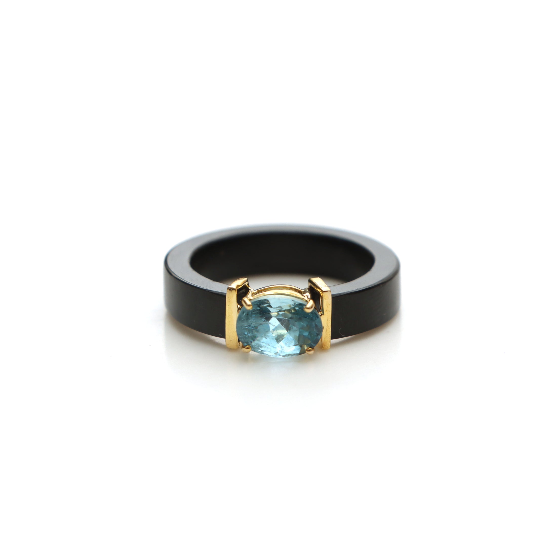 Natural Aquamarine Oval Cut and Black Onyx Shank 14K gold ring front view - NFJSD-1381