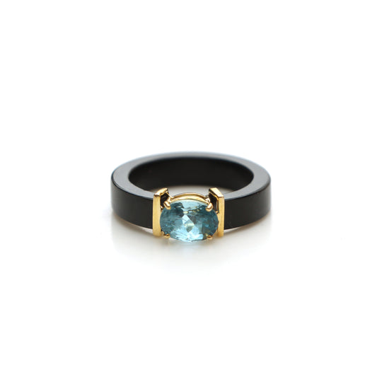 Natural Aquamarine Oval Cut and Black Onyx Shank 14K gold ring front view - NFJSD-1381