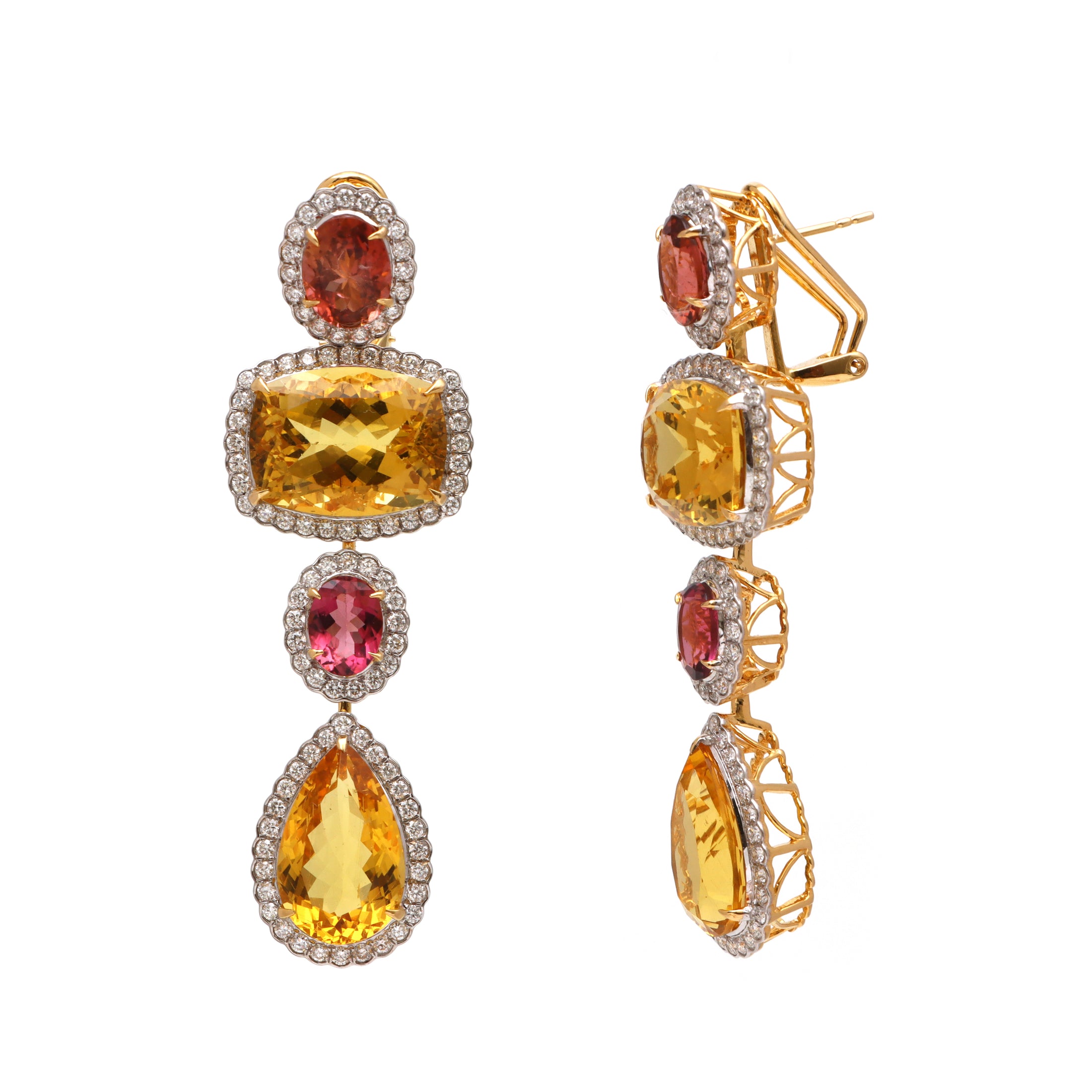 Natural Mix Tourmaline and Yellow Aqua 18K gold earrings close-up detail - NFJSD-1634