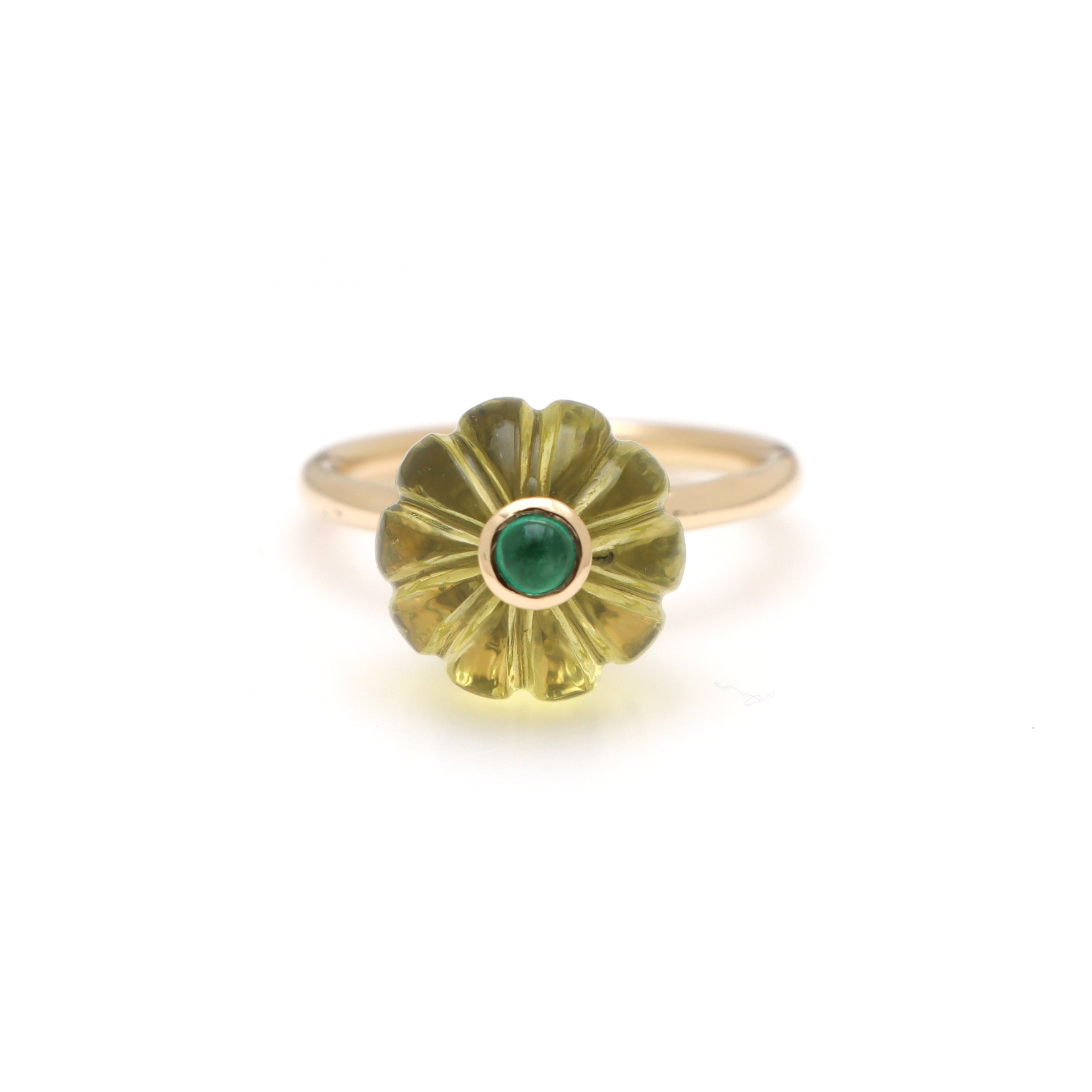 Natural Lemon Quartz Carving and Emerald 14K gold ring close-up detail - NFJSD-1755