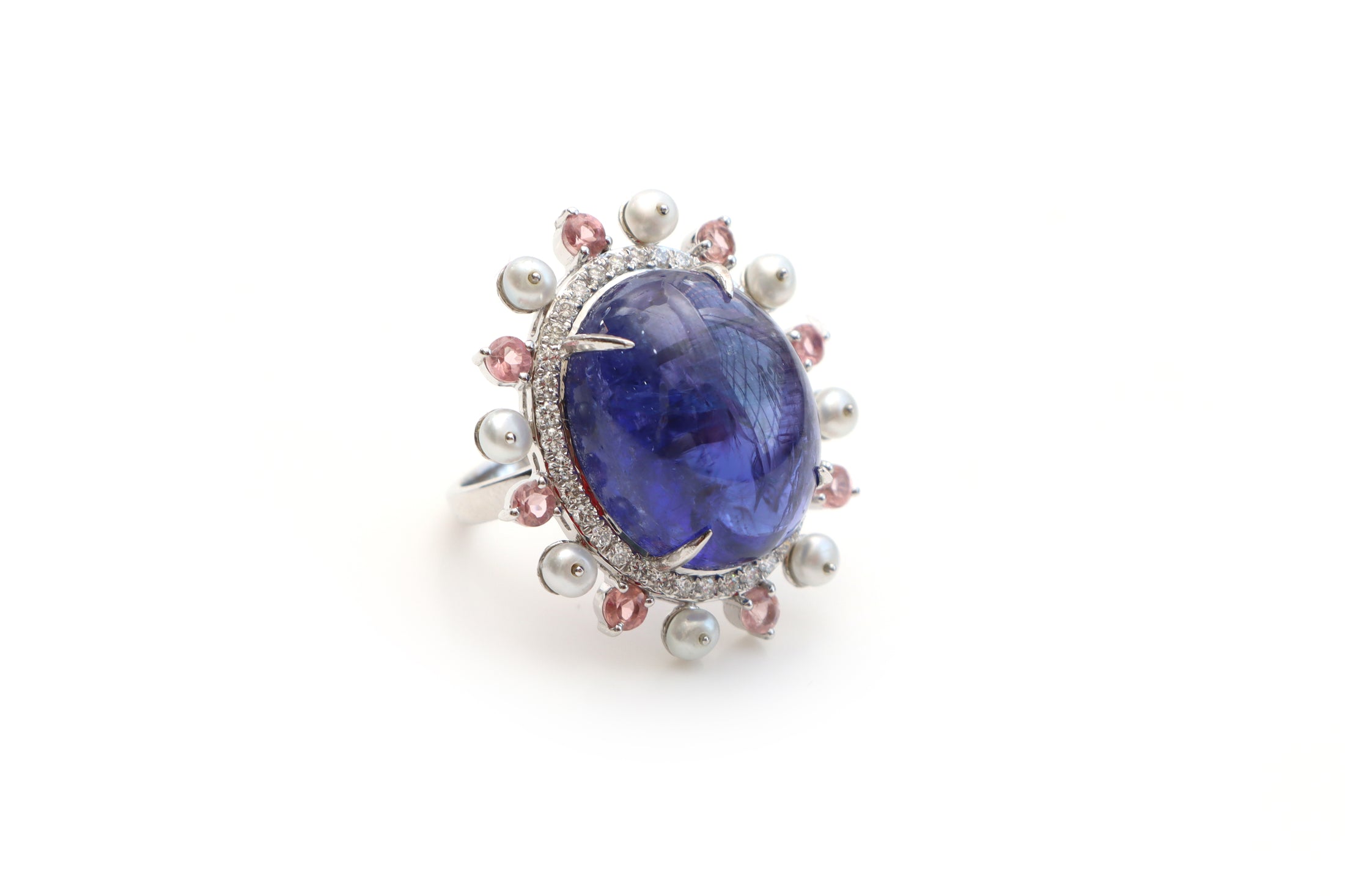 Natural Tanzanite Oval Cabs and Tourmaline Round Cut 14K gold ring front view - NFJSD-1097