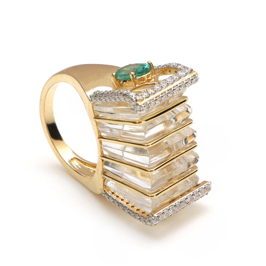 Natural Crystal Carving and Emerald Oval Cut 14K gold ring side angle - NFJSD-1144