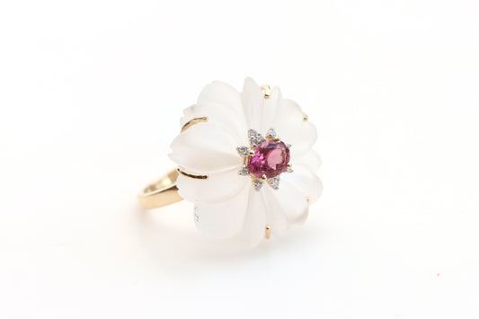 Natural Tourmaline Oval Cut and Crystal Carving Flower 14K gold ring front view - NFJSD-1118