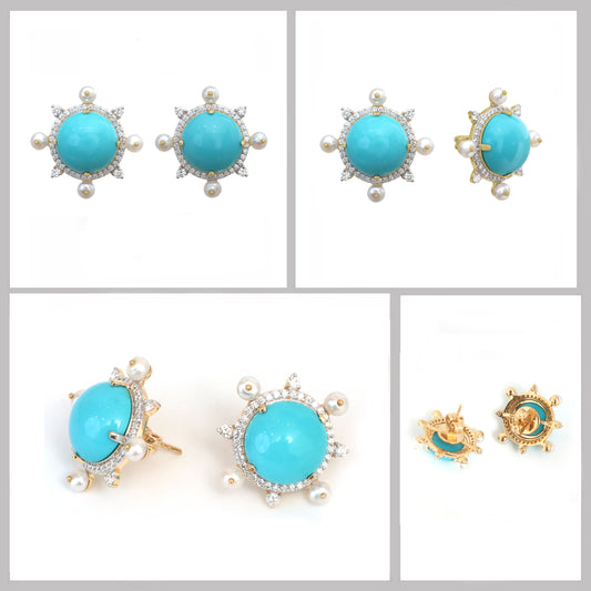 Natural Turquoise and Pearl 18K gold earrings top view - NFJSD-1827