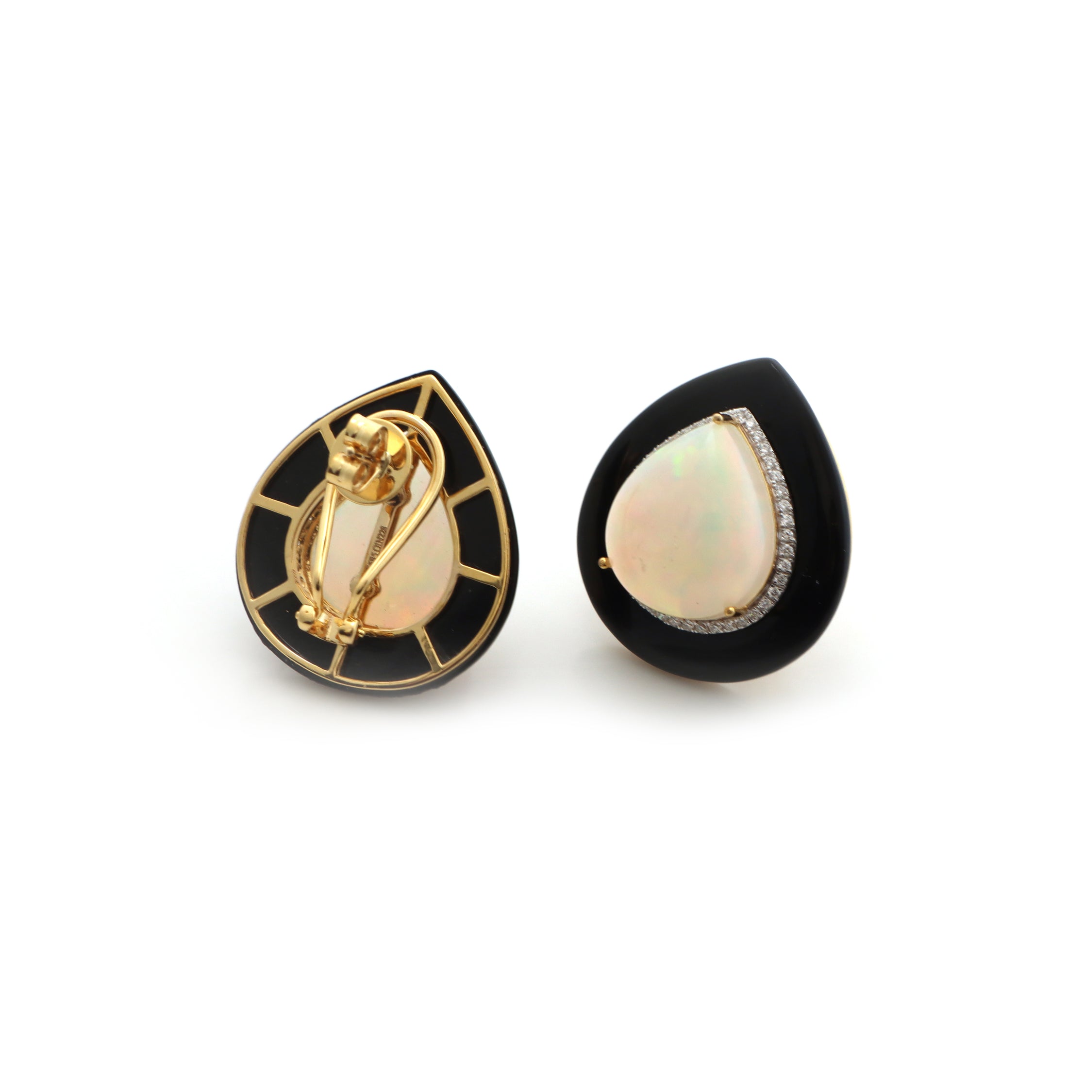 Natural Black Onyx Frame Pear and Ethiopian Opal Pear Cabs 14K gold earrings top view - NFJSD-1308