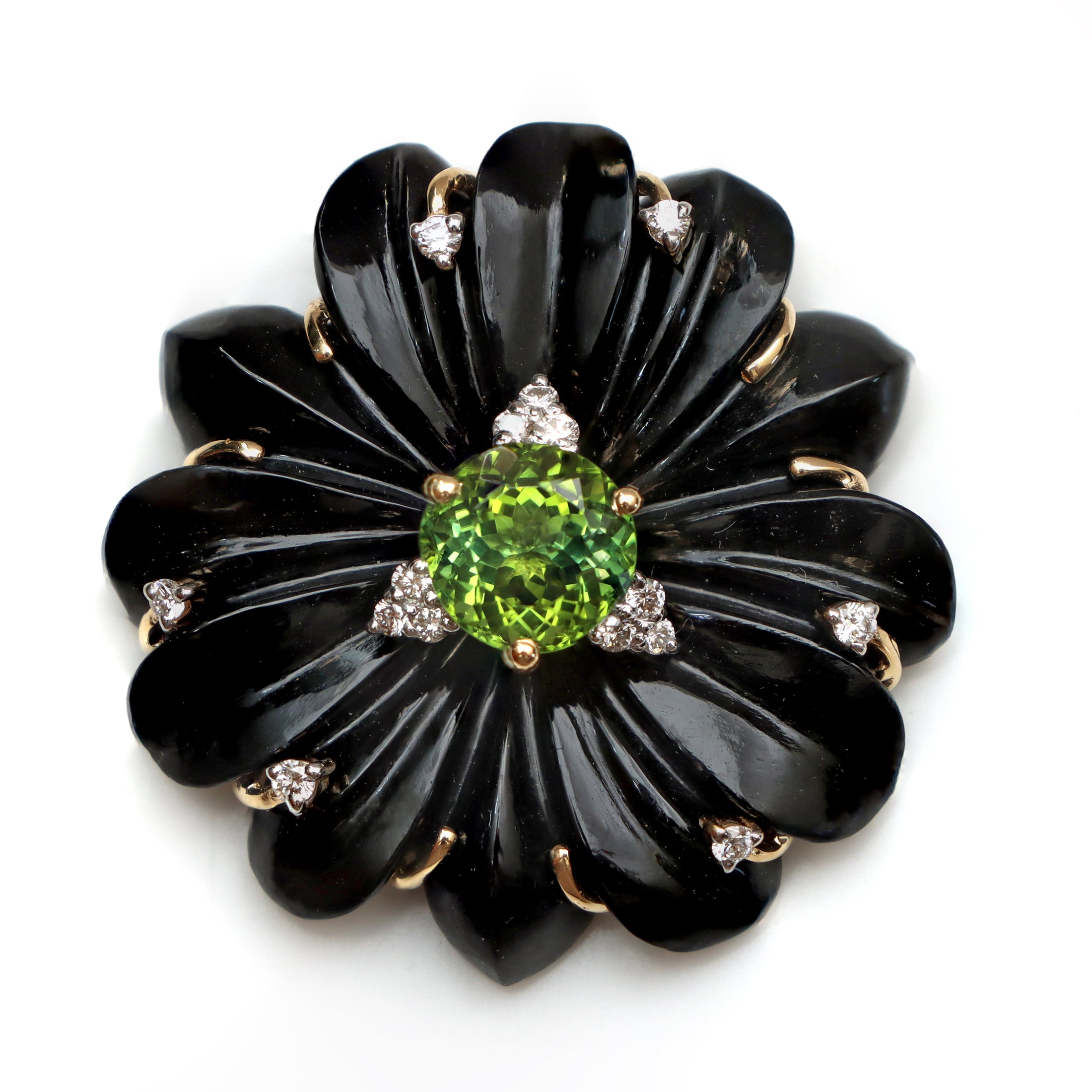 Natural Green Tourmaline Round Cut and Black Onyx Carving Flower 14K gold pendant top view - NFJSD-1207