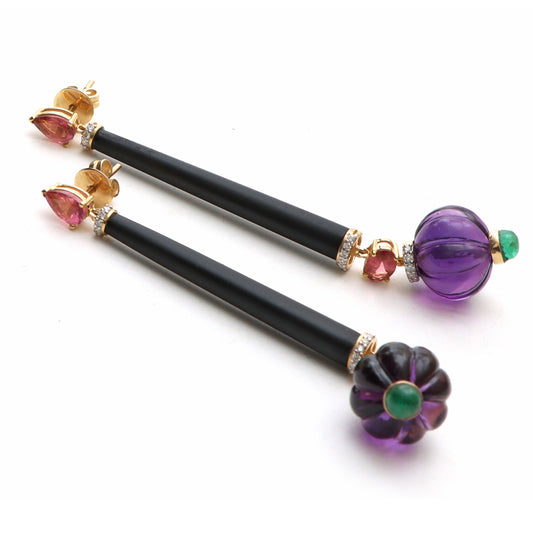 Natural Amethyst Carving Balls and Black Onyx Carving 14K gold earrings side angle - NFJSD-1032