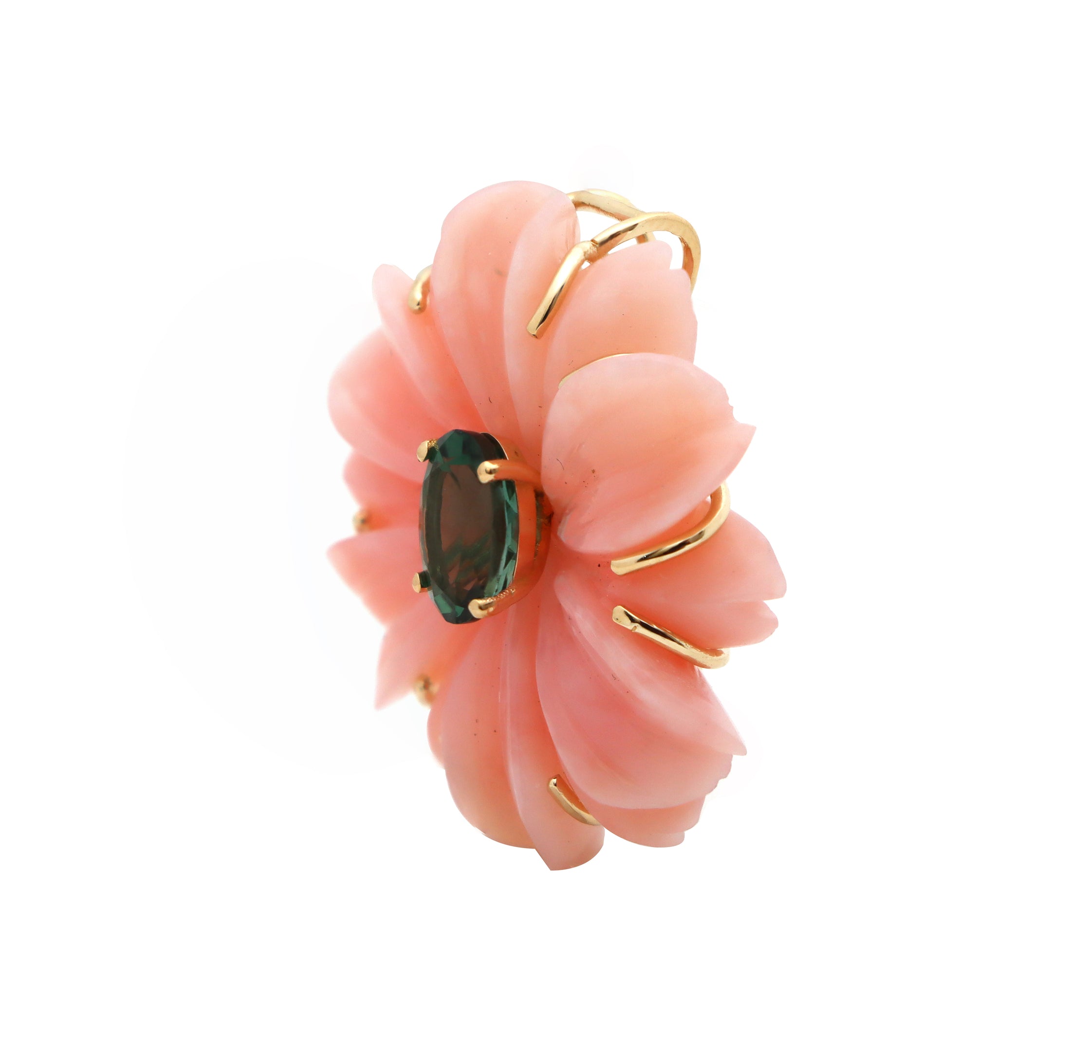 Natural Pink Opal and Tourmaline 14K gold pendant top view - NFJSD-1587