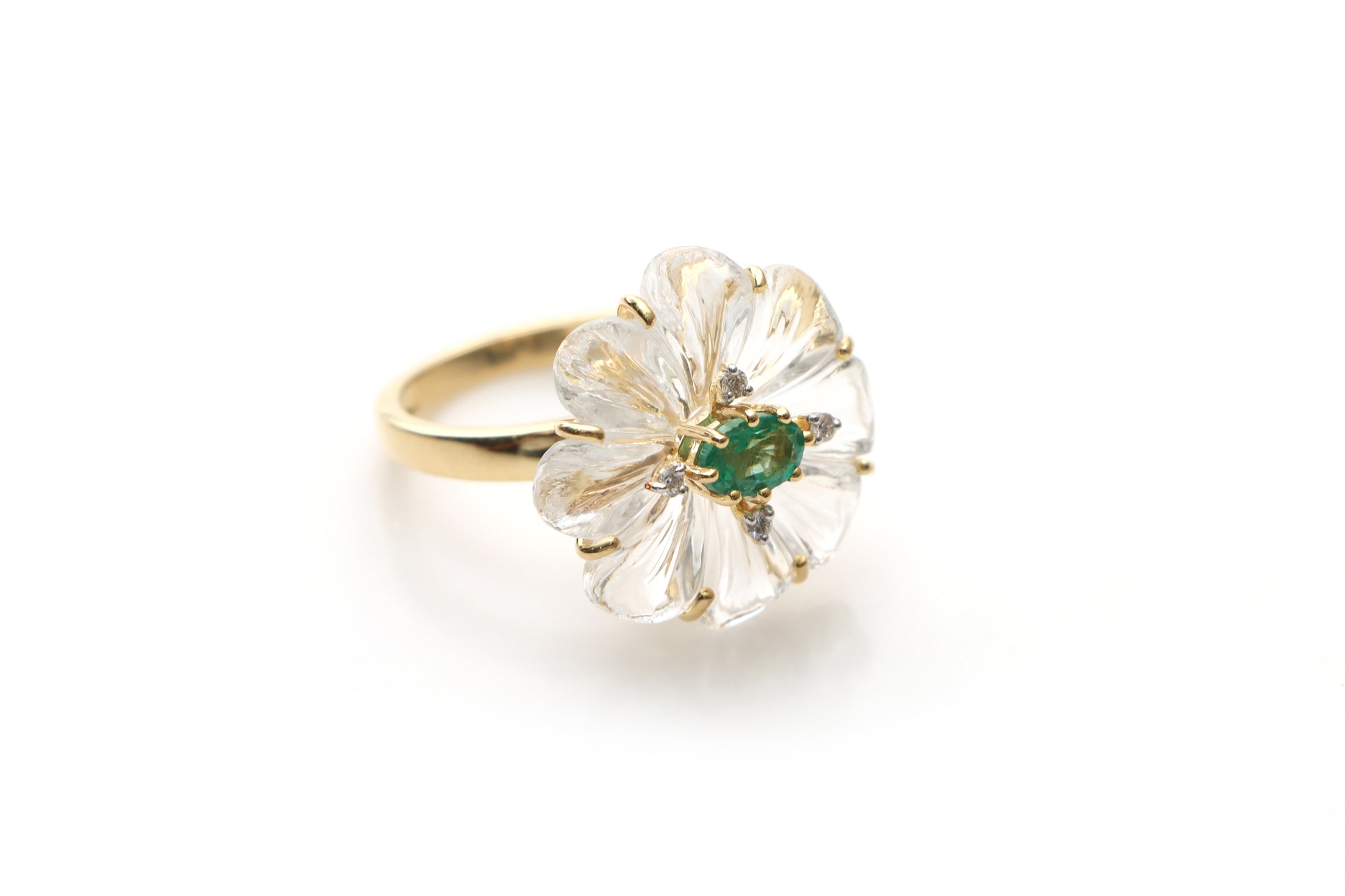 Natural Emerald Oval Cut and Crystal Carving Flower 14K gold ring front view - NFJSD-1172